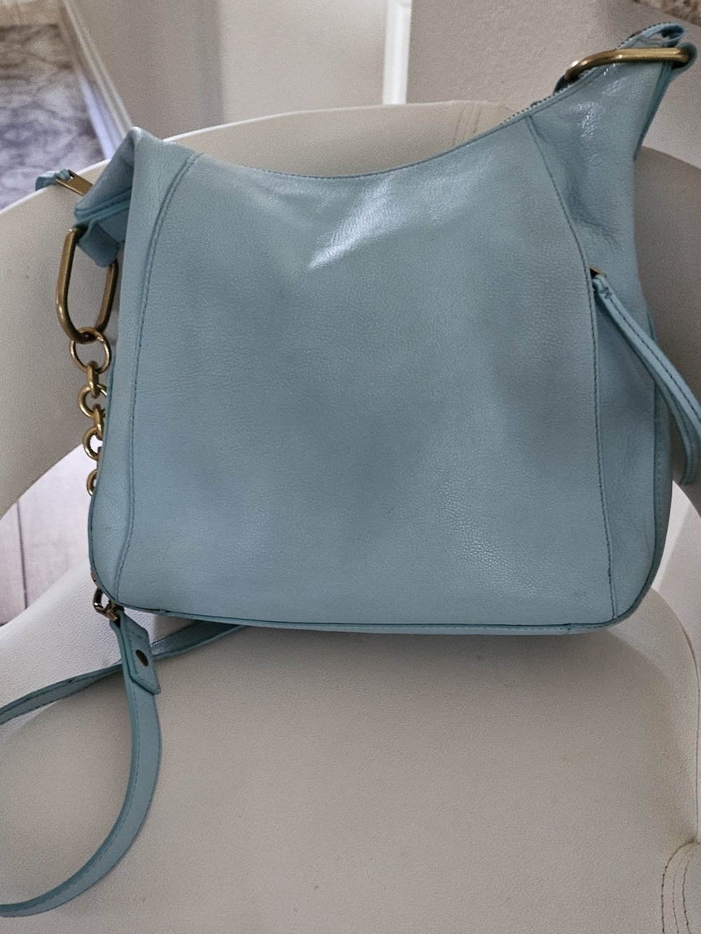Fossil Leather Crossbody Bag Blue Teal Shoulder Purse Gold Chain Strap Medium. - Picture 8 of 16